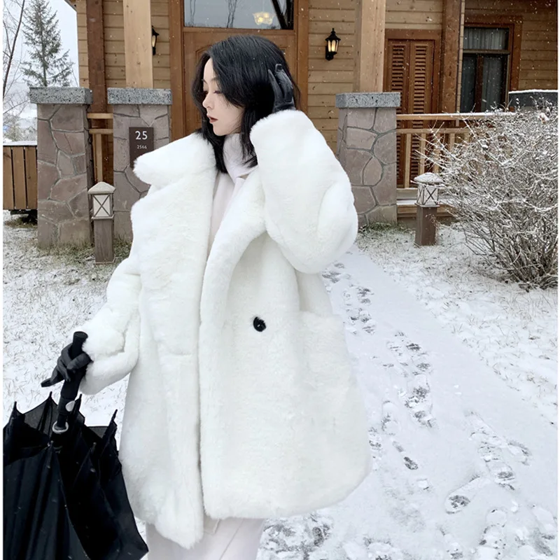 Korean style winter rabbit fur mink coat loose imitation fur suit collar white thick plush coat