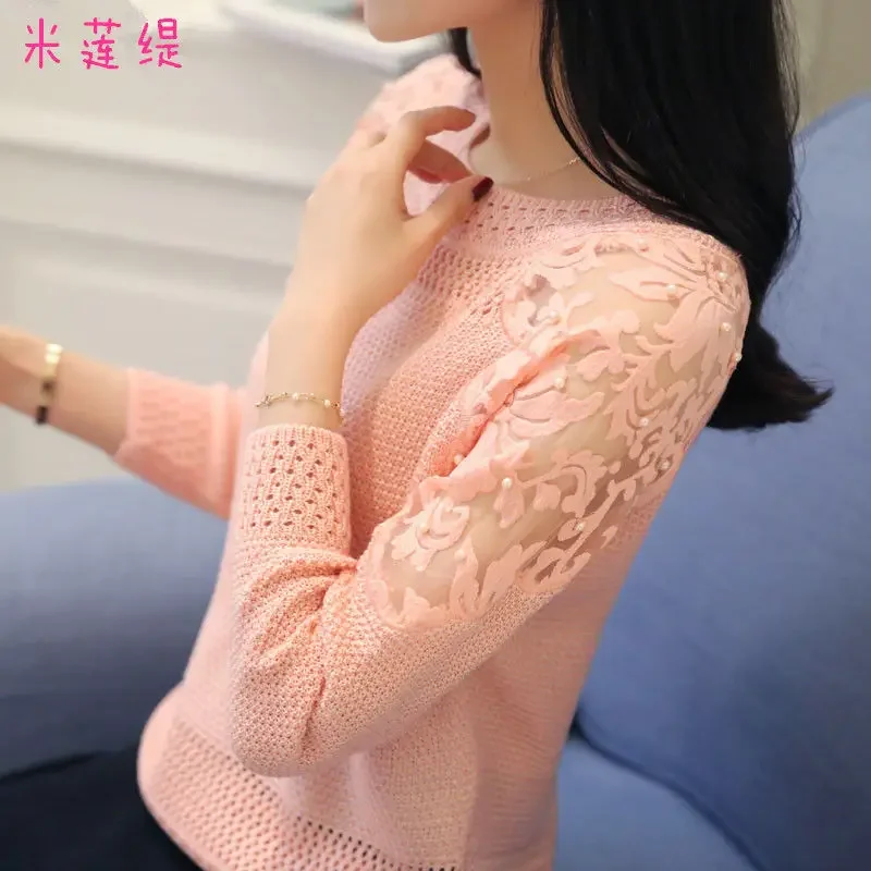 Woman Sweaters Thin Loose Hollow Beading Women's Clothing Lace Sweater Spring Crew Neck Pullover Femme Chandails Pull Hiver