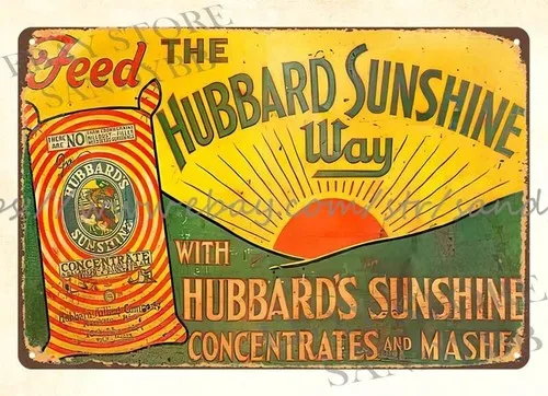 cottage farm advertising wall hanging Sunshine Hubbard Feed metal tin sign