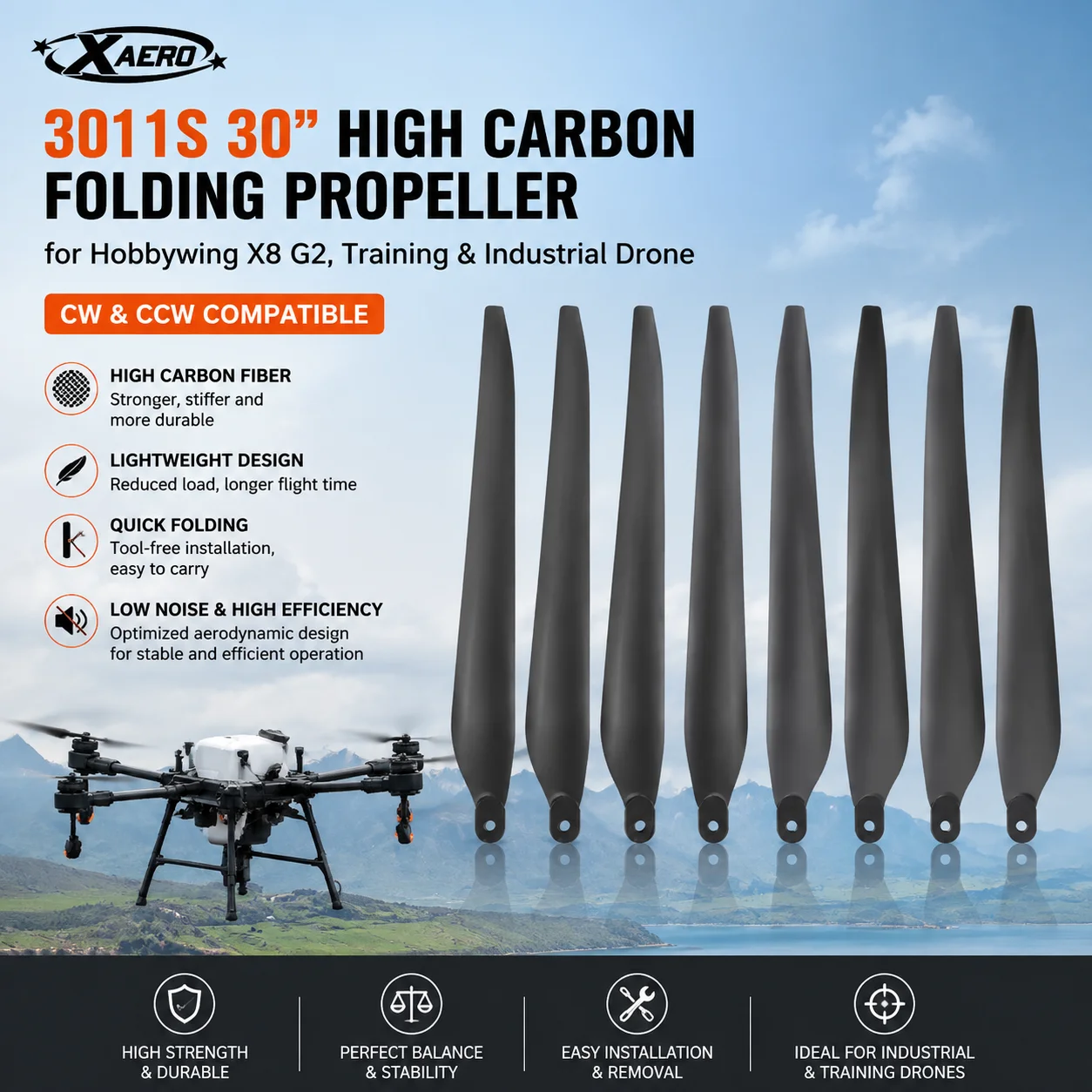 XAERO 3011S 30 inch High Carbon Folding Propeller for Hobbywing X8 G2, Training & Industrial Drone CW CCW