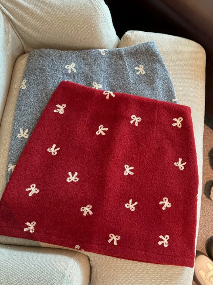 

Red Bowknot Embroidered Woolen Skirt High Waist A-Line Cisas Theme Women's Autumn Winter ort Skirt Korean Sle