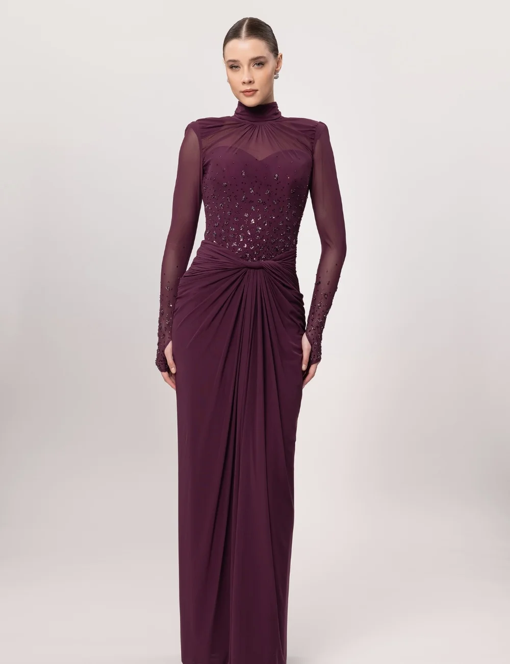 Customized Purple Sparkle Luxury Chiffon Pleat Beading Sequined Draped Straight High Collar Long Dresses Evening Dresses Retre