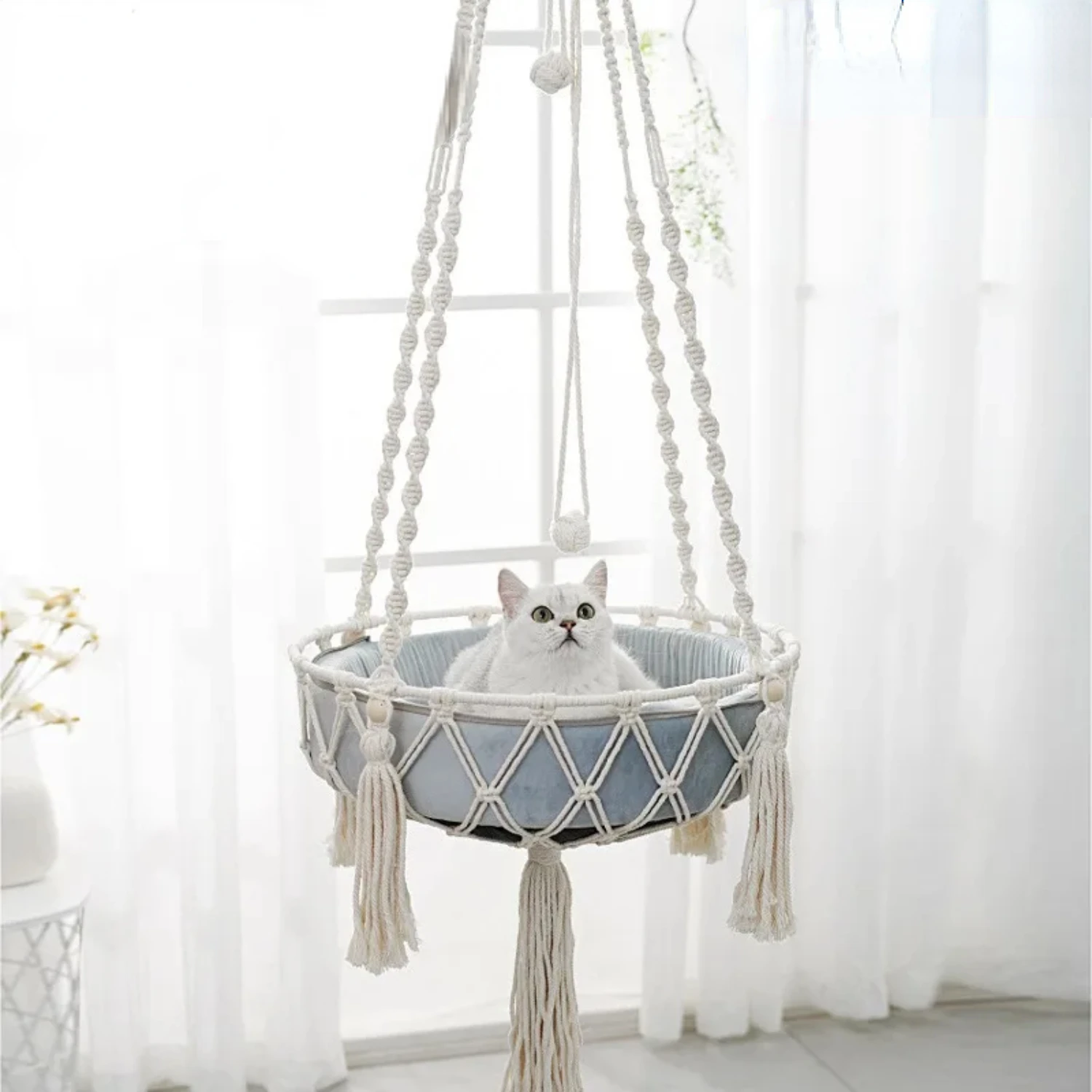 New Luxurious Soft Hand Woven Cotton Rope Pet Hammock Swing - Cozy and Comfortable Nest for Cats and Kittens - Indoor Hanging St