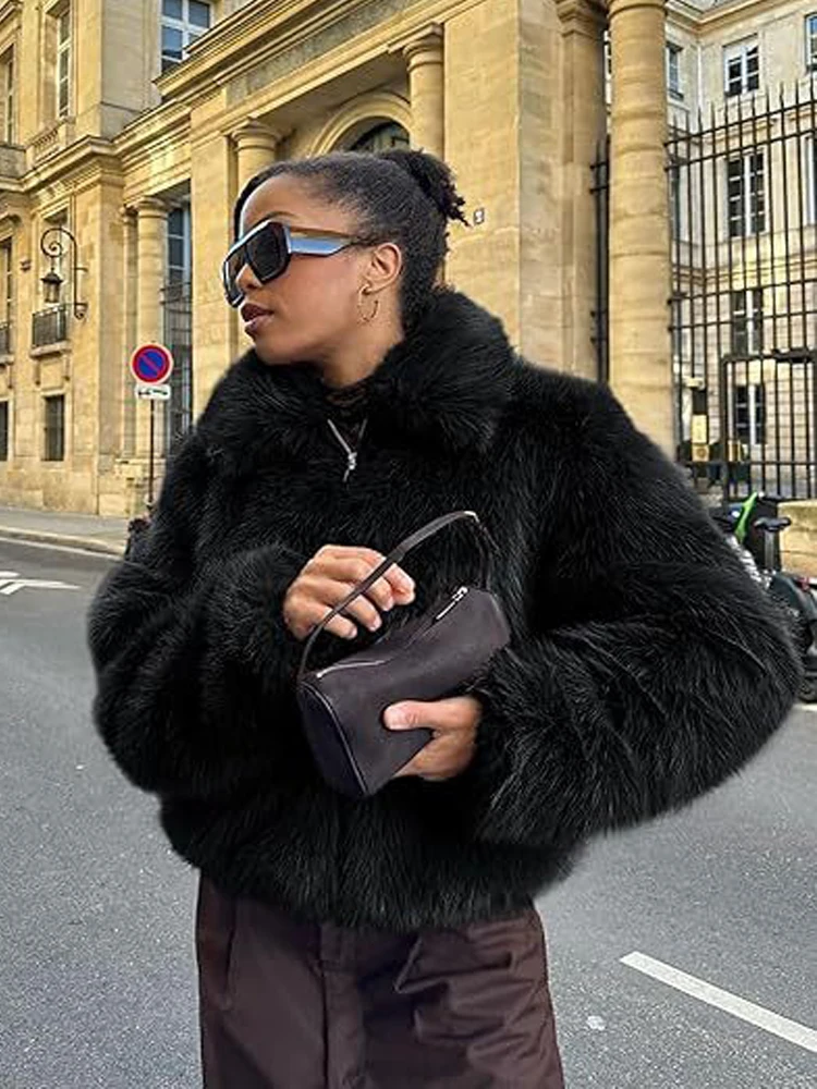 厚く暖かい折り返し襟フェイクファージャケット女性の無地長袖冬ショートコートファッションジッパーふわふわパーカー