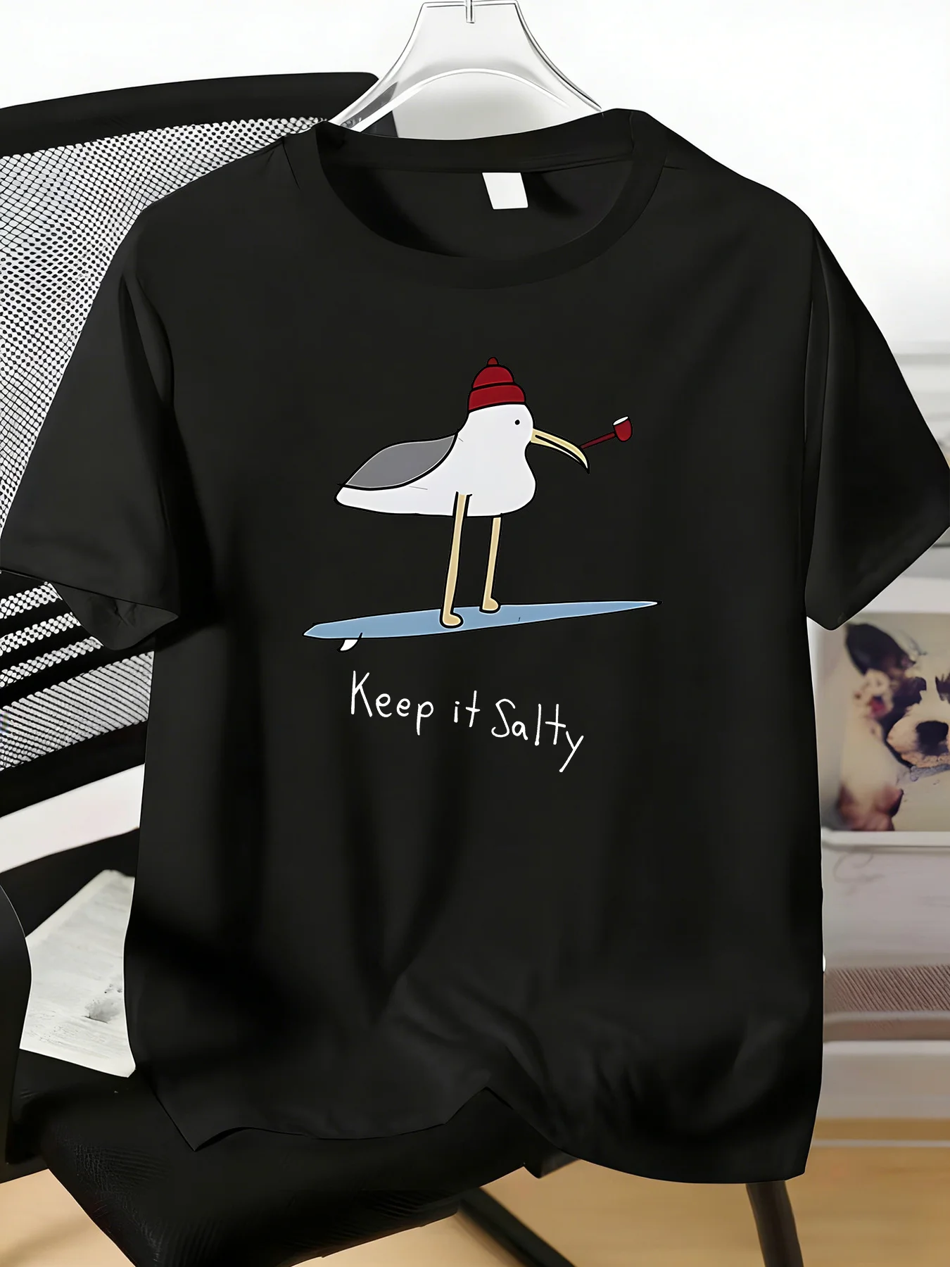 Cartoon Surf Seagull Keep It Salty Print Mens Crew Neck Soft Cotton Beach Short Sleeve Male Summer Daily Casual Basic Tee Top
