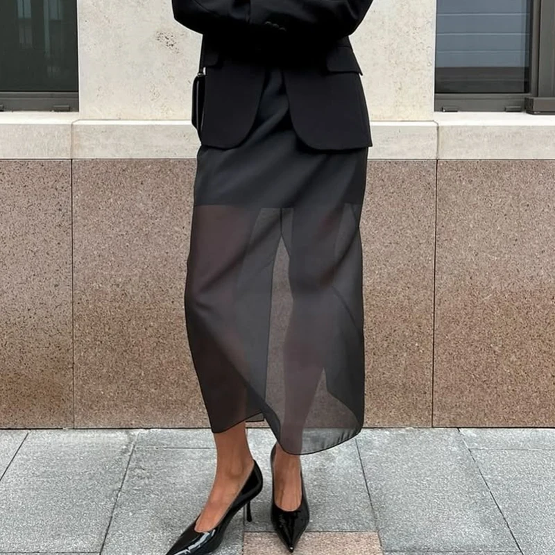 Schwarz Mesh Röcke Für Frauen Doppel-schicht Design Sexy Perspektive Hohe Taille Schlitz Hüfte Rock Weibliche Dünne Lose Neue sommer