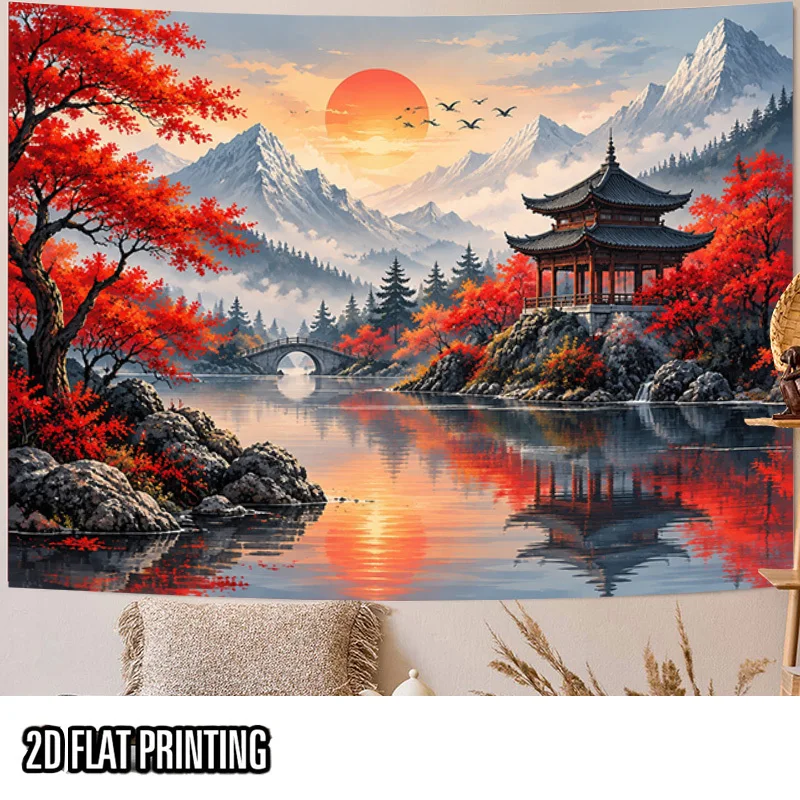 Oriental Landscape Tapestry, Sunset Snow Mountain Lake Ancient Pavilion Red Maple Tree Scene Wall Hanging for Dorm Apartment