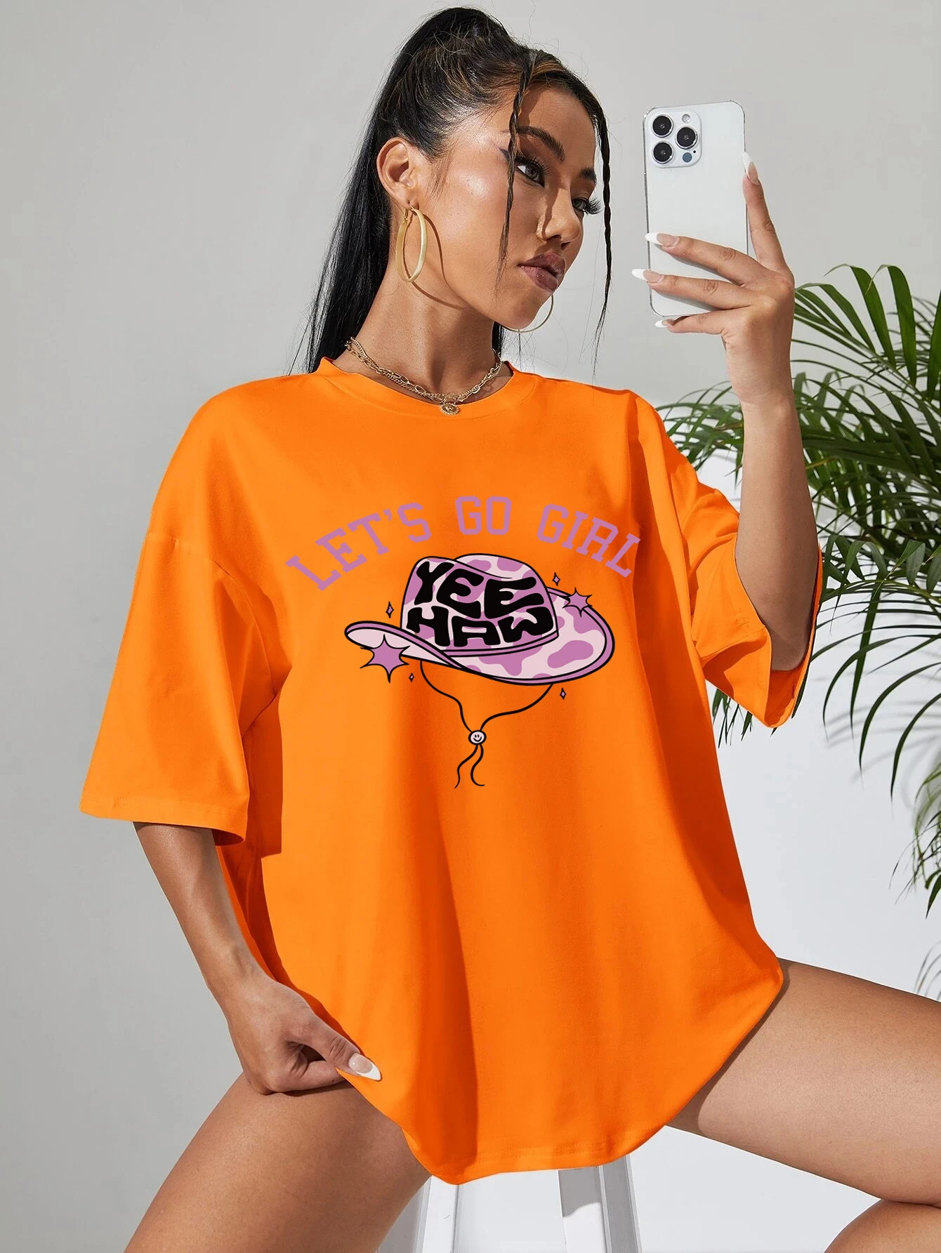 

Let'S Go Girl Cowhat Print Women T Shirts Hip Hop O-Neck T-Shirt Soft Cotton Woman Sportswear Casual Comfortable Clothes