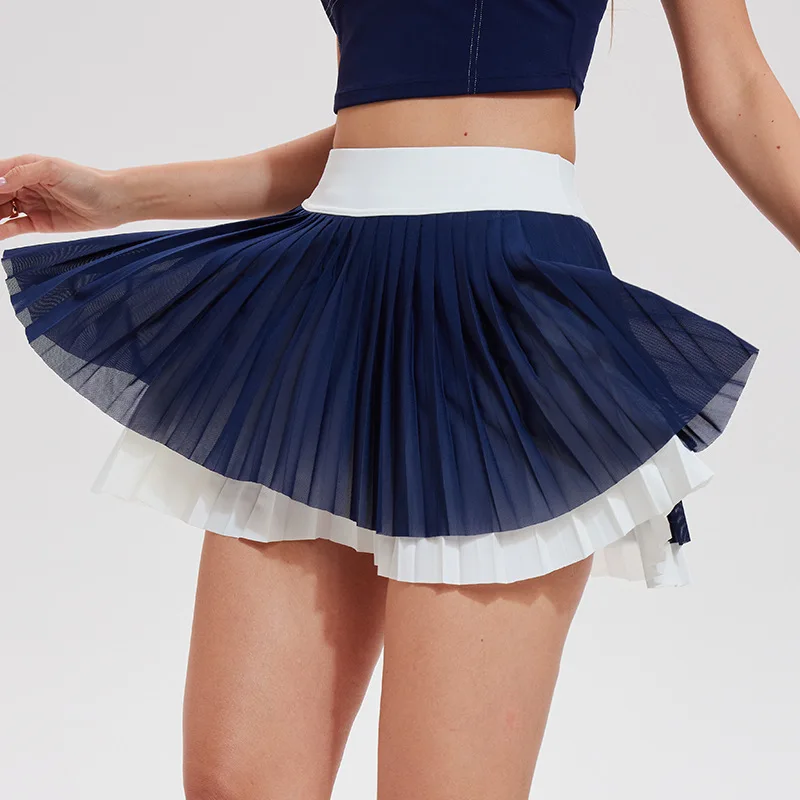 Women 2-Layer Pleated Tennis Skirt with Built-in Shorts, Color Block Anti-See-Through High Waist Golf Skort Outdoor sport skirt