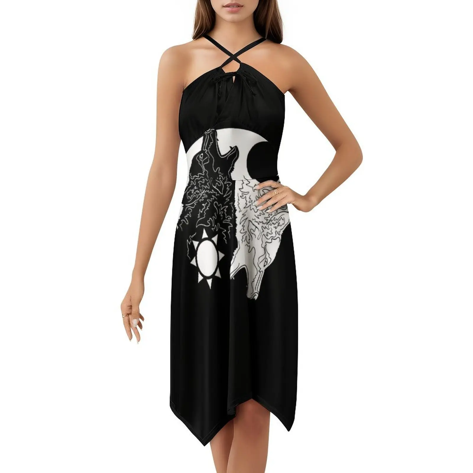 الذئاب السلبية فستان عطلة مثير للنساء شاطئ حفلة عيد ميلاد فستان قصير يينغ يانغ التوازن الذئاب الذئب الفن الذئب المرأة