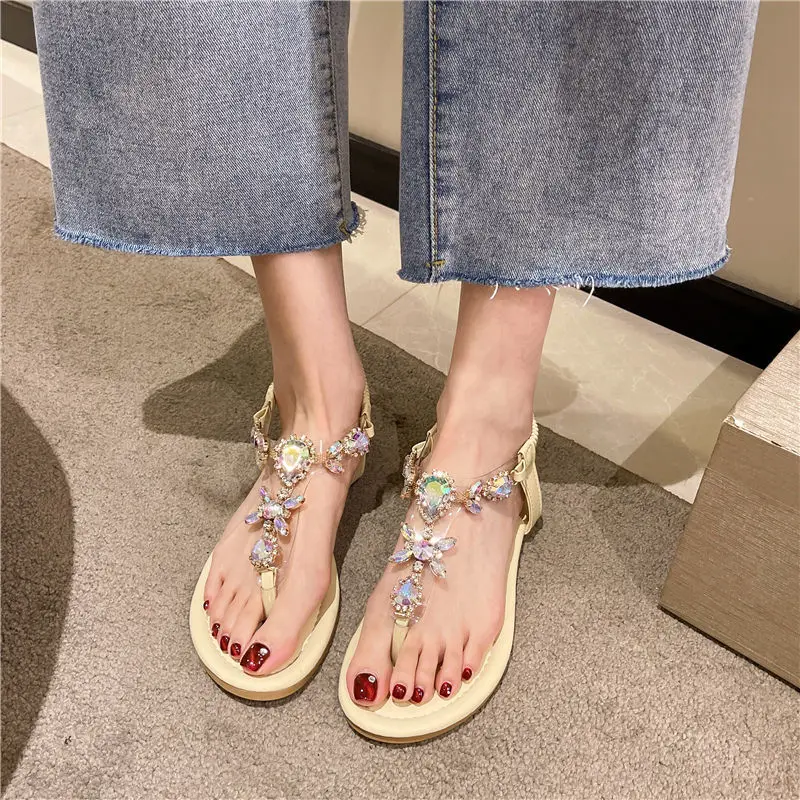 Summer 2024 Flat Rubber Sandals for Woman Women\'s Shoes No Heel Crystal Diamond Footwear Rhinestones Green Korea Sandal Designer