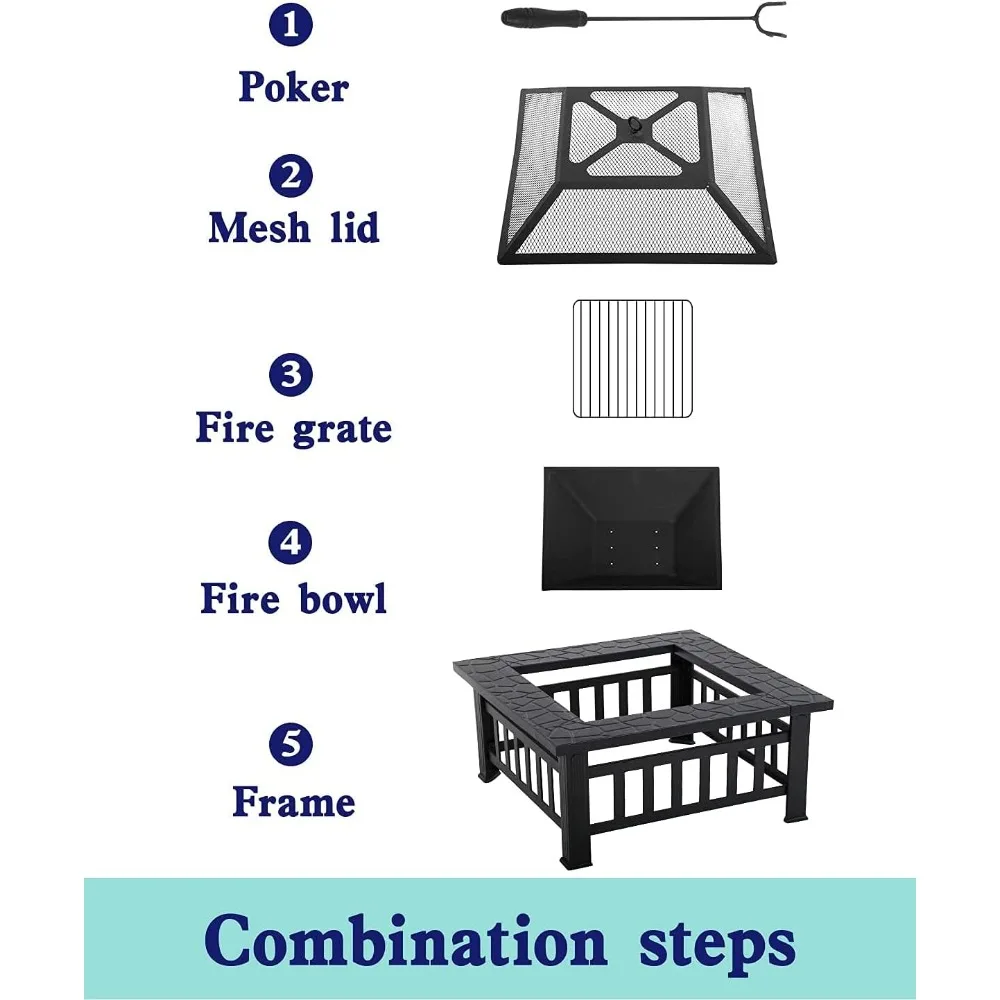 حفرة نار خارجية معدنية مربعة مقاس 32 بوصة مع شواية فحم وغطاء شبكي وبوكر للاستخدام في الفناء والتخييم والنزهة