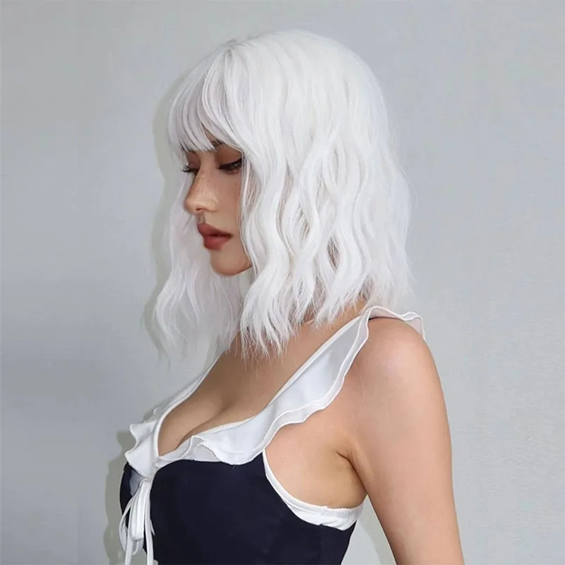 Curly Bob White Platinum Synthetic Wigs with Bangs for Women Short Cosplay Lolita Wavy Wig Natural Hair Heat Reisitant Daily Use