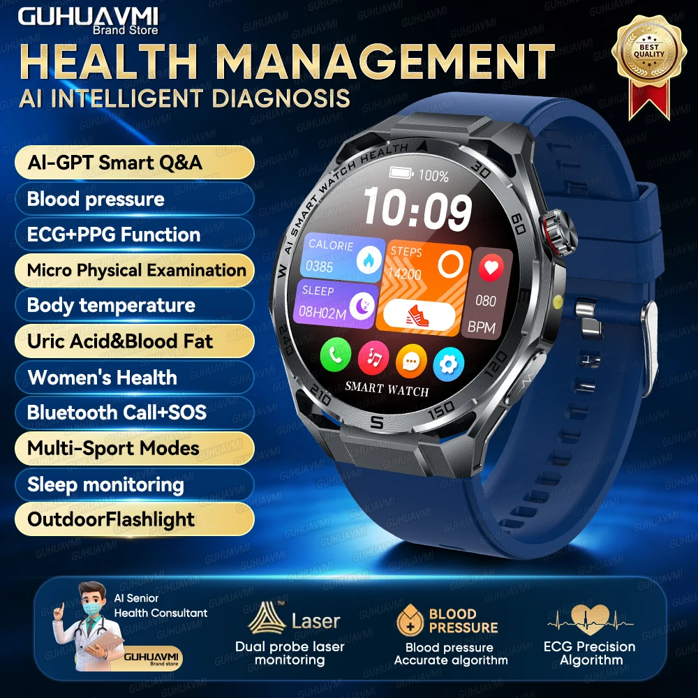 2026 AI Gezondheidsdiagnose ECG+PPG SmartWatch Mannen Bloeddruk Lipiden Urinezuur Hartanalyse 1,53-inch Bluetooth-oproep Smartwatch