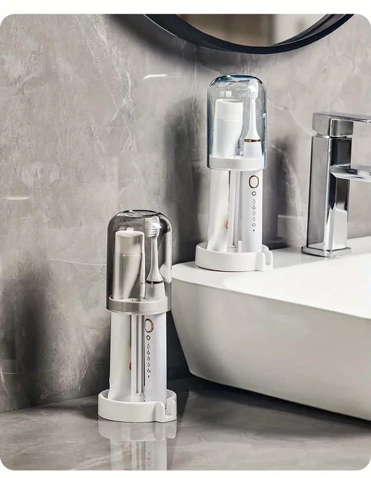 Toothbrush Holder with Dust Cover, Drainage Design, Plastic Multifunctional Bathroom Toothbrush and Cup Organizer
