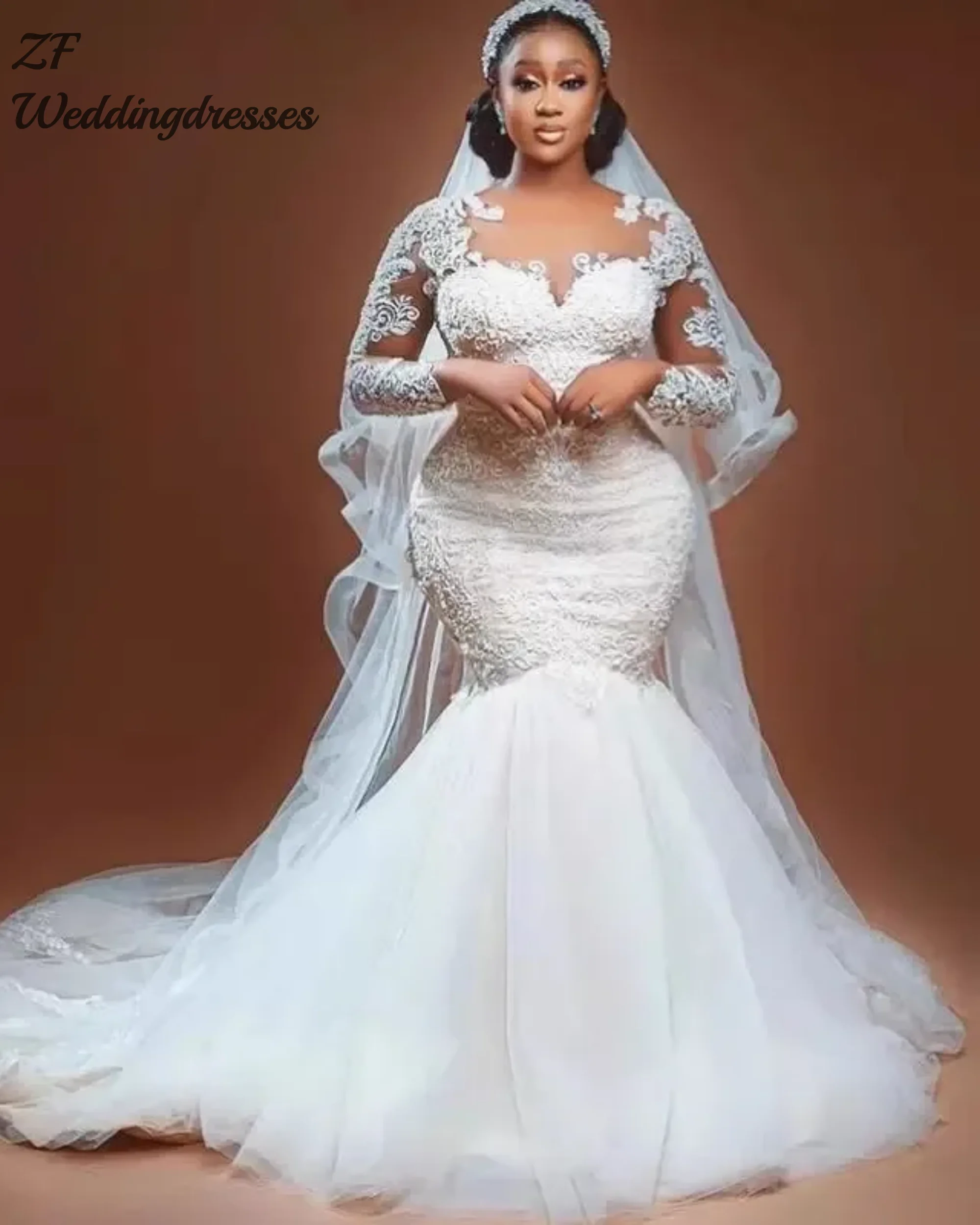 

Customized Luxury Lace Mermaid Wedding Dresses Long Sleeved Wedding Dress Brides Wedding Party Dresses Plus Size Vestidos
