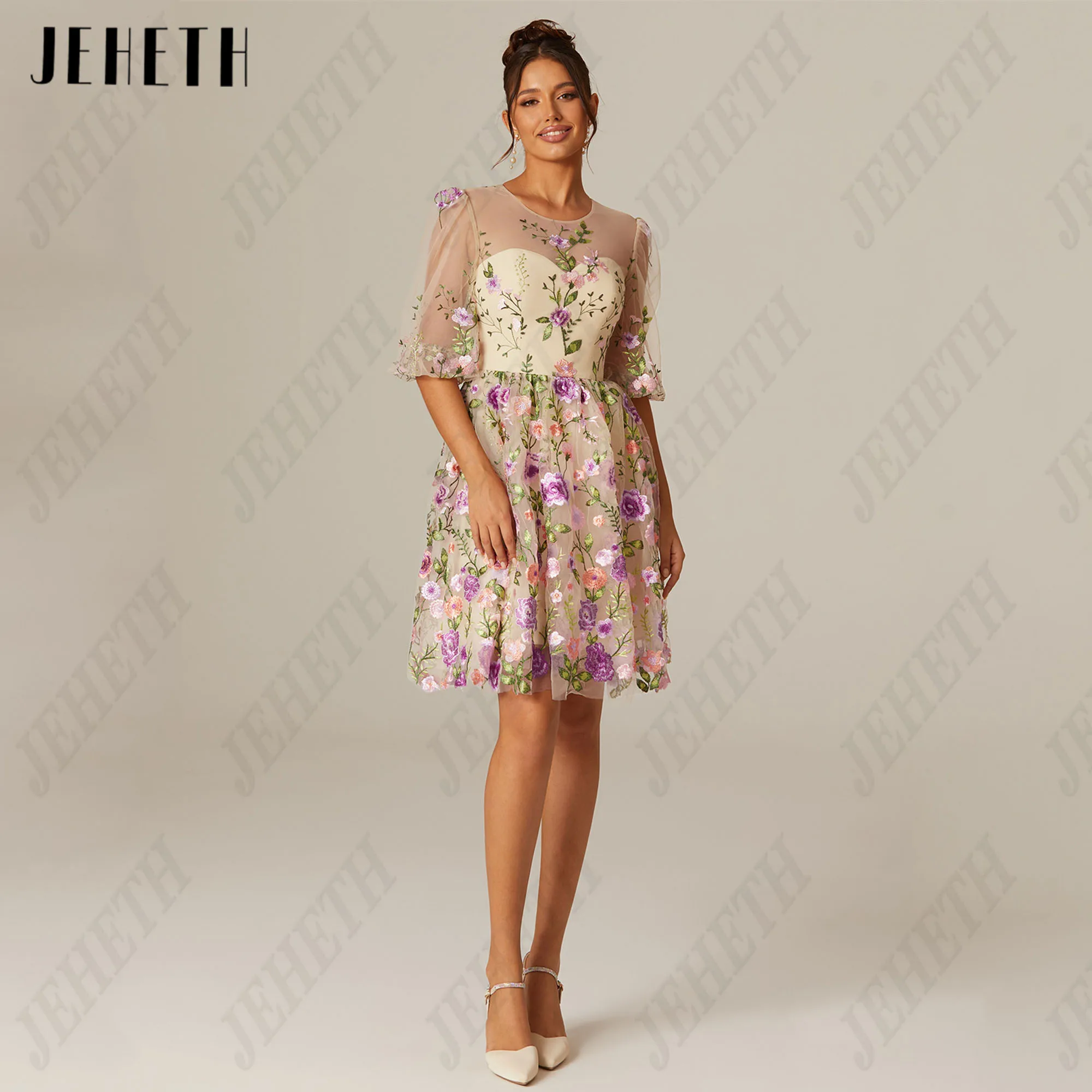 JEHETH Short Prom Dress O-Neck Floral Print A-Line Tulle Half Puffy Sleeves Mini Party Gowns Embroidery Vestidos De Festa Custom