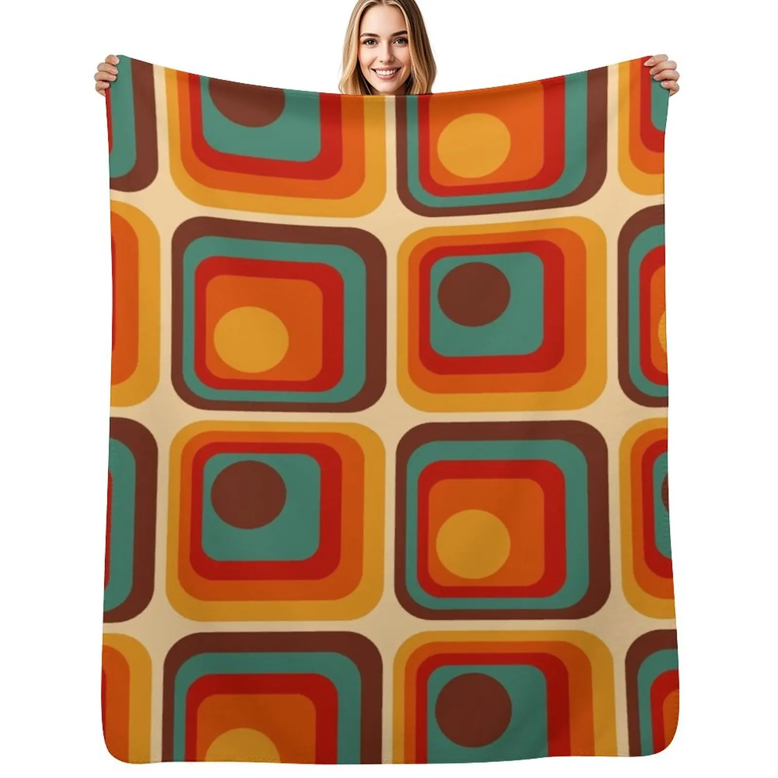 

Retro Geometric Gradient Square and Circle Pattern 221 Throw Blanket Vintage Loose Plaid Quilt Blankets