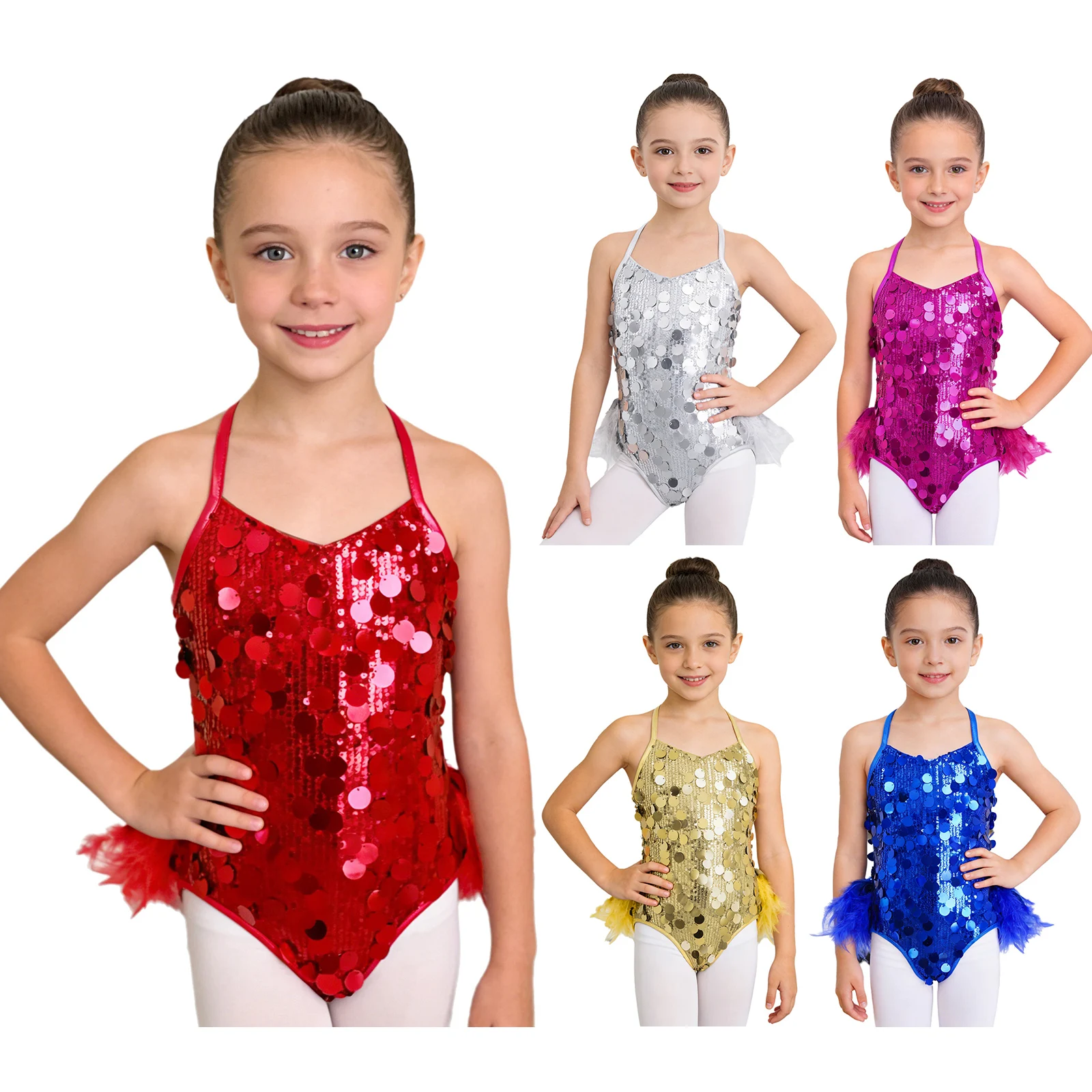 Kids Girls Feather Glittery Sequin Leotard Rhythmic Gymnastics Jazz Latin Dance Dress Performance Costume Children Ballet Tutu