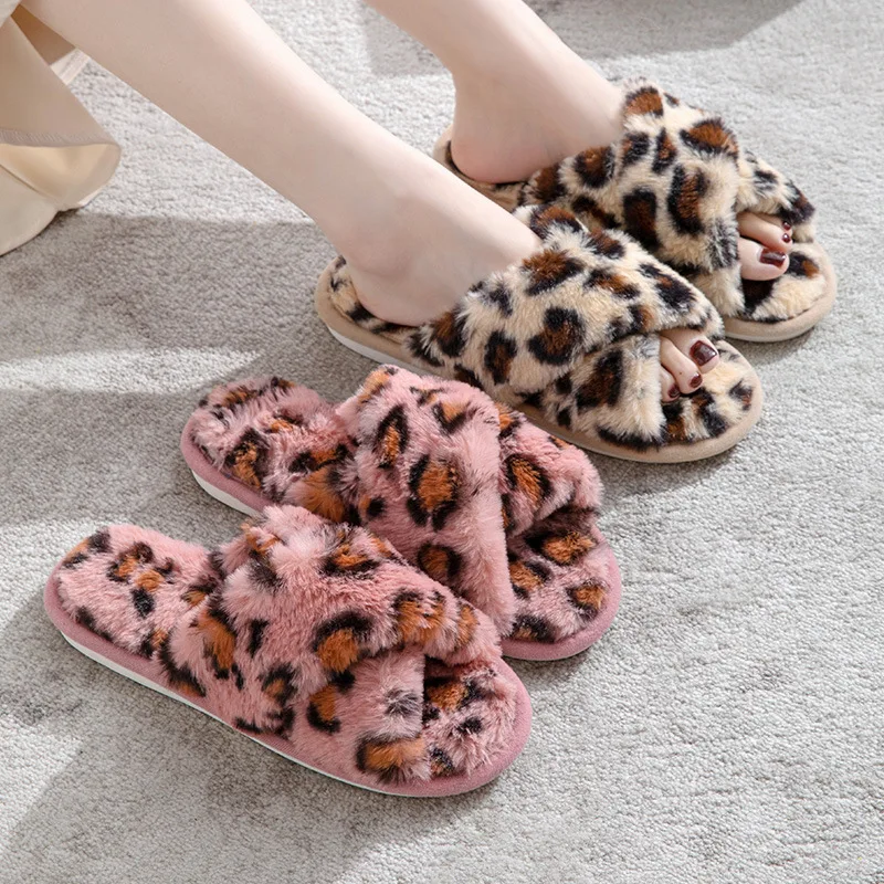 Leopard Flauschige frauen Hausschuhe Hause Flache Beiläufige Herbst Winter Luxus Design Frau Schuhe Indoor Plüsch Schuhe Fuzzy Pelz Rutschen