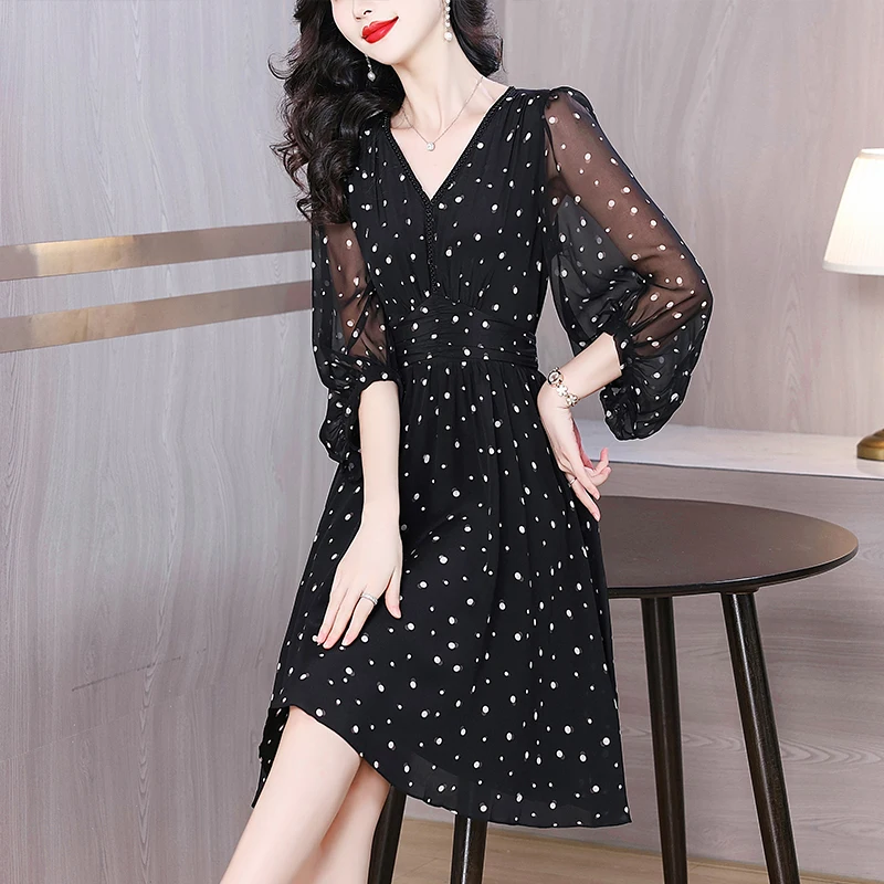 2025 여름 비치 플로럴 실크 미디 드레스 여성 빈티지 보헤미안 블랙 도트 패션 캐주얼 라이트 프롬 우아한 럭셔리 페스티벌 베스티도스