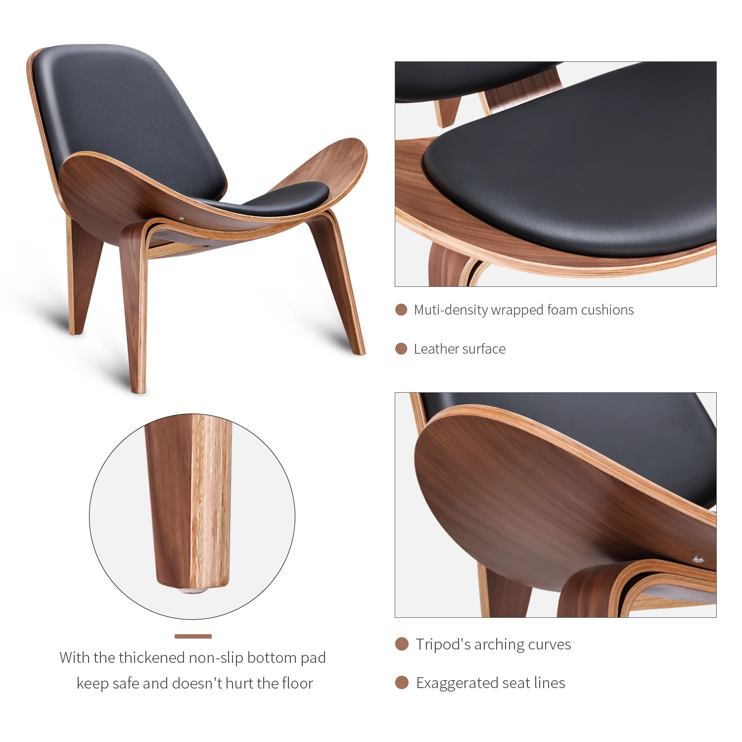 Modern Tripod Chair Walnut Shell Chair Replica Living room Chairs Furniture Black PU Leather Lounge Chair for Bedroom Office