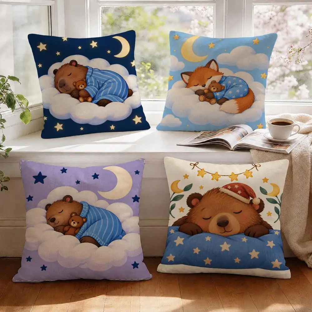 Sleepy Bears Cushion Cover 1/4Pcs Linen Throw Pillow Covers Double-Side Print Sofa Couch Living Room Decor