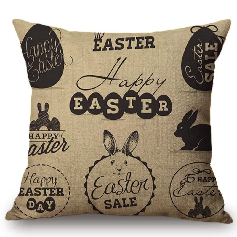 Happy Easter Vintage Style Eggs Rabbit Pattern Chair Cushion Cover Easter Egg Cute Cartoon Sofa Decoration Throw Pillow Case - view 3