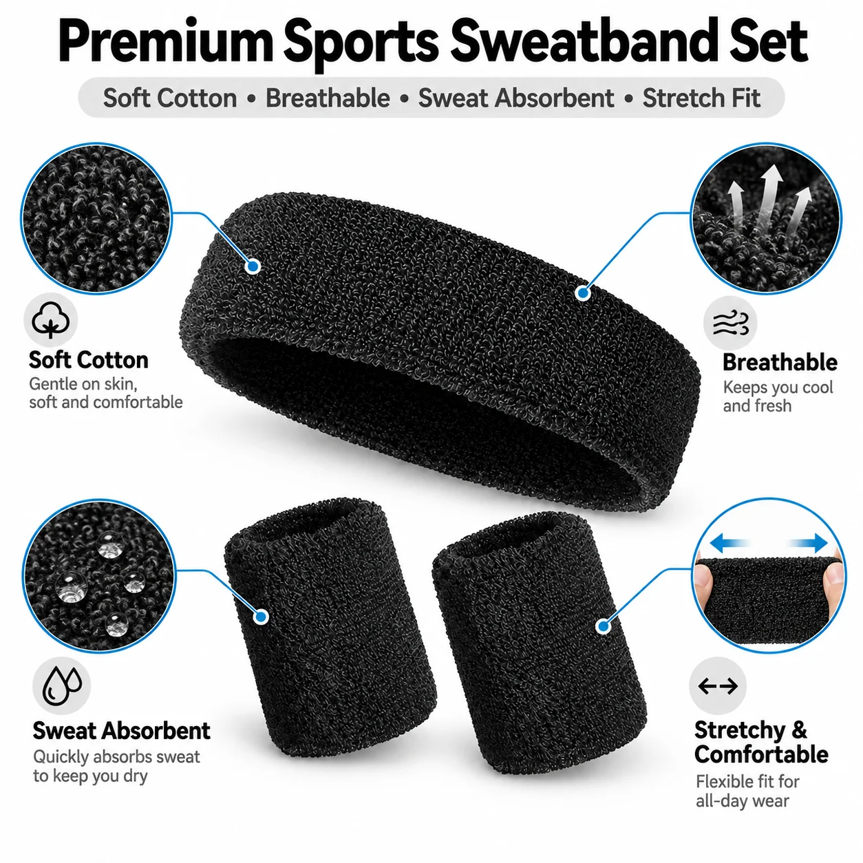 3-Piece Sports Sweatband Set, Elastic Terry Cloth Headband and Wristbands, Soft Absorbent Sweat Bands for Gym Running Fitness Te