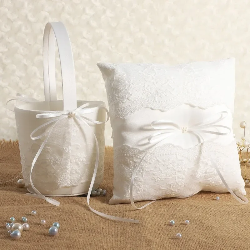 

1PC Flower Girl Basket with Artificial Flowers for Wedding, Parties, and Home Decor, Faux Flowers Pearl Lace Decoration Ivory Ri