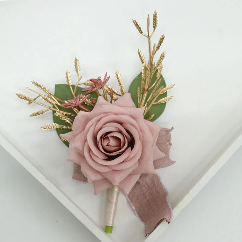 Stoffige Roze Kunstmatige Boutonnieres Voor Mannysuit Pols Corsage Bruidsmeisje Huwelijk Roos Bloemen Bruiloft Accessoires