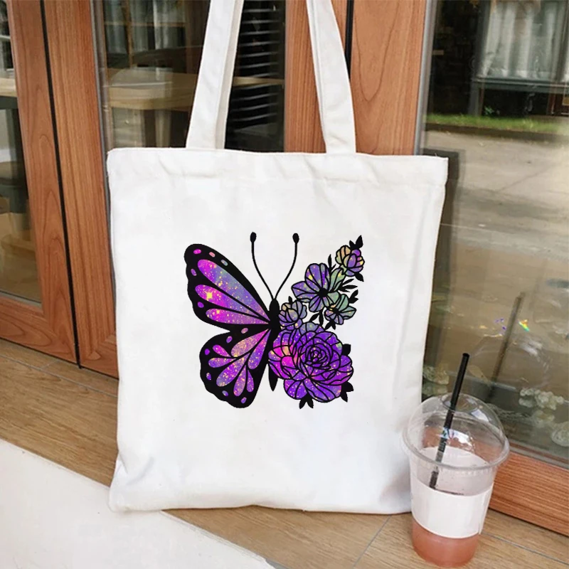 Women's Canvas Tote Bags Colorful Watercolor Butterfly Wing of Faith Shoulder Shopping Bag Casual Reusable Supermarket Hand Bag