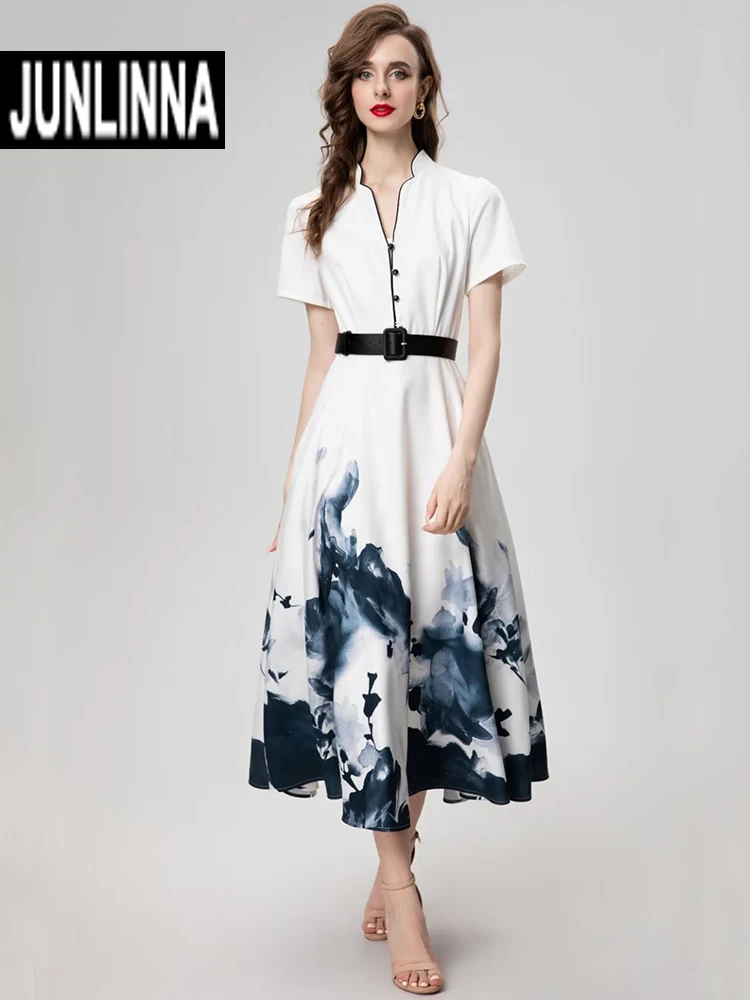 JUNLINNA Fashion Runway Long Dress Summer Women Stand Collar Short Sleeve Vintage Printing Expasnion Vestidos Party Holiday