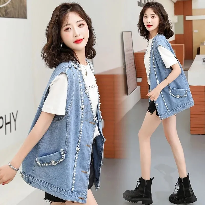 

2024 New Summer Women's Beaded Denim Tank Top Sleeveless Top Cutting Street Clothing Jeans Jacket Korean Fashion Tank Top