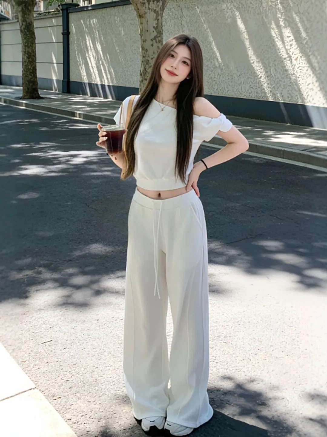 

Summer Gentle Style Unique Shoulder Casual Pants Two-Piece Set Complete OOTD Matching Comfortable Short Sleeve T-Shirt And Hi...