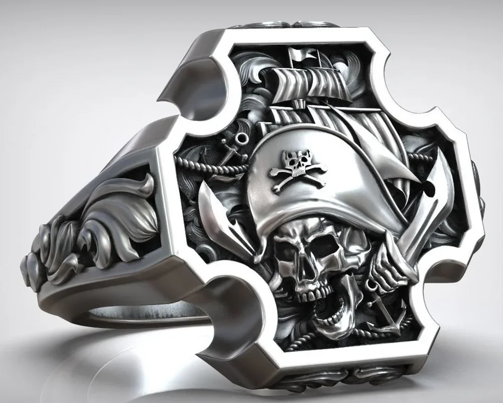 20g Pirate Skull Jolly Roger Cross Anchor Signet Art Relief  Customized 925 Solid Sterling Silver Ring Many Sizes 6-13