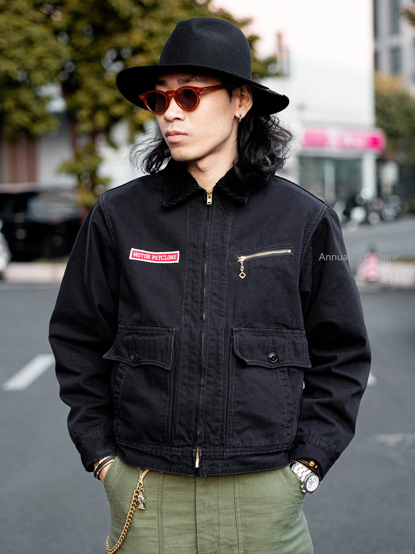 Red Tornado Screaming Skull Garage Worker Jacket Men's Vintage Canvas Biker Coat with Corduroy Collar Black