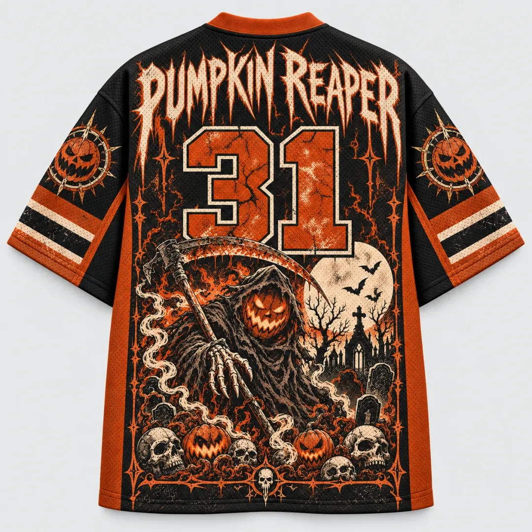 Halloween Pumpkin Reaper Football Shirt Dark Reaper Pumpkin Head Skull Bat Moon Print V-neck Short Sleeved Football Shirt
