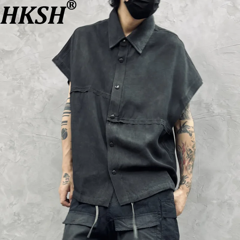 

HKSH Spring Summer Men Original Design Dark Techwear Fashion Personality Trendy Washed Vintage Patchwork Casual Shirt Top HK7577