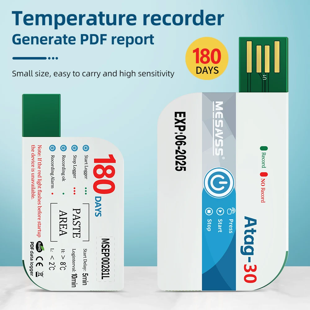 Disposable Temperature Data Recorder Waterproof 180 Days USB Logger PDF Report Temp Alarm LED Indicator for Transport Storage