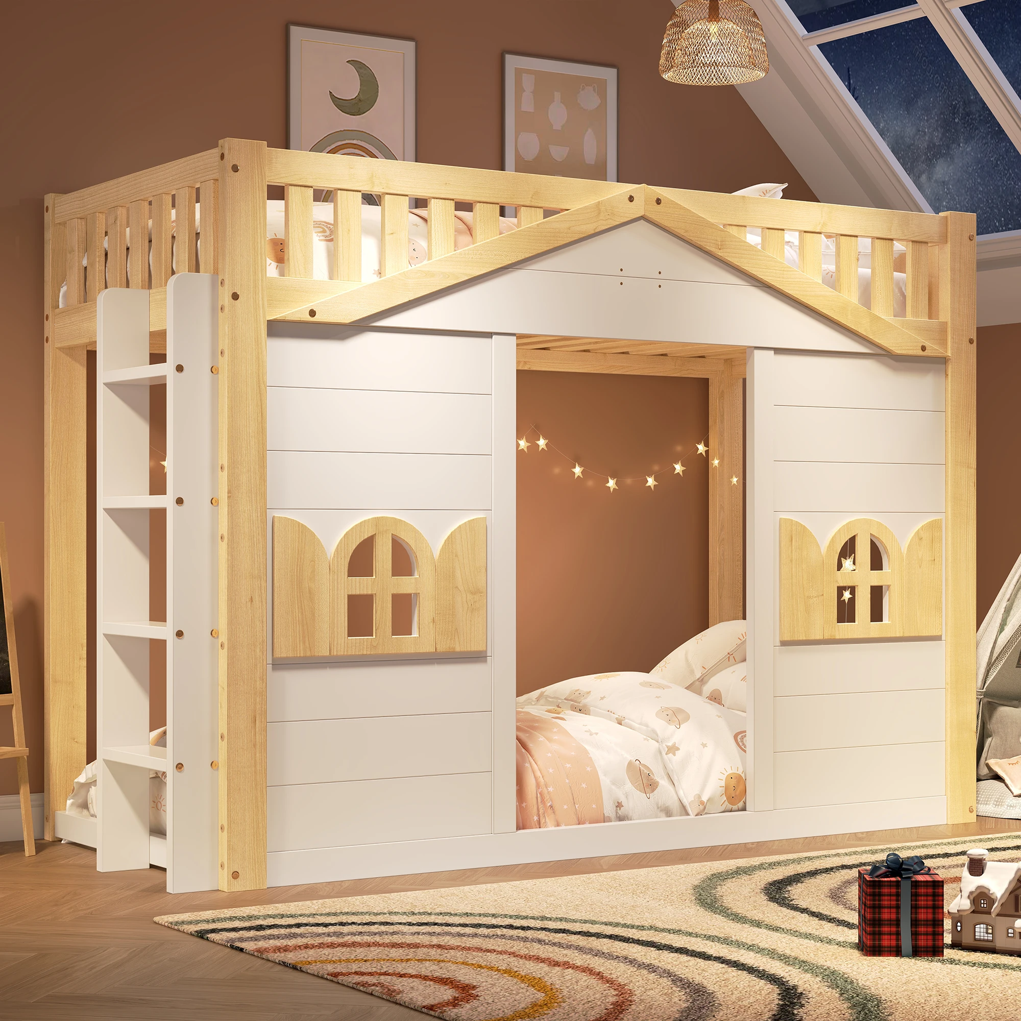 Lit mezzanine pour enfants avec fenêtre, lit cabane 90x200cm, lit superposé en bois avec espace de jeu ou de couchage polyvalent sous le lit, en pin massif et MDF, finition blanche et naturelle, échelle convertible, sans matelas