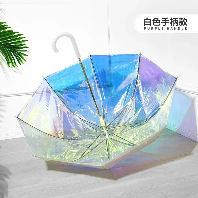 Automatic curved handle transparent umbrella, small fresh girly colorful umbrella, fashionable iris colorful laser umbrella