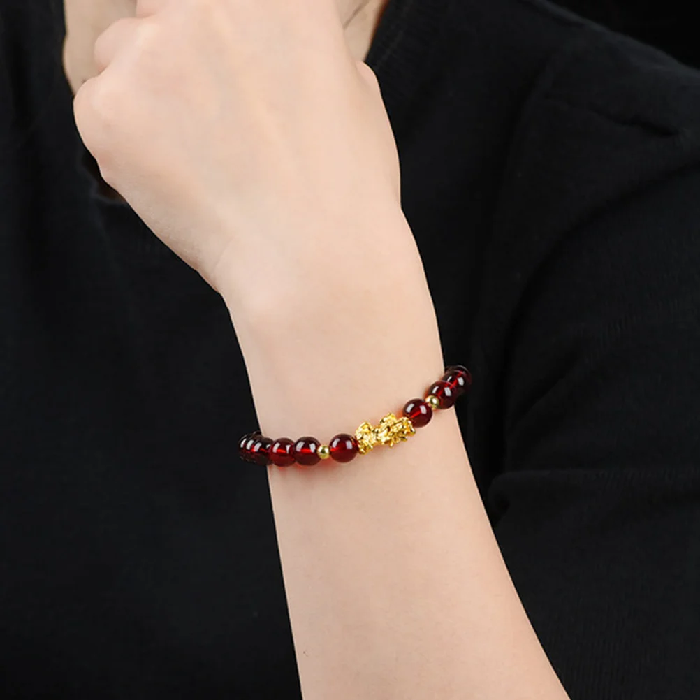 

2Pcs Pi Women Bracelet 8mm Ethnic Style Sand Gold Wine Red Beaded Bangle Wrist Decoration Casual Party