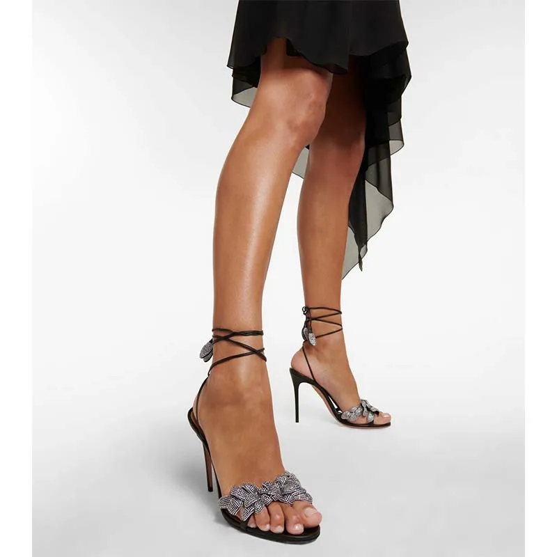 

Arden Furtado 2025 Summer Crystal Flower Ankle Strap Banquet shoes round toe Super high heel Open toe Sandals Large size
