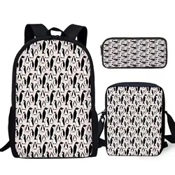 Mochila escolar de gran capacidad con estampado de pingüino para niños y niñas, juego de bolsas de lápices de 3 piezas para estudiantes, mochila informal para adolescentes