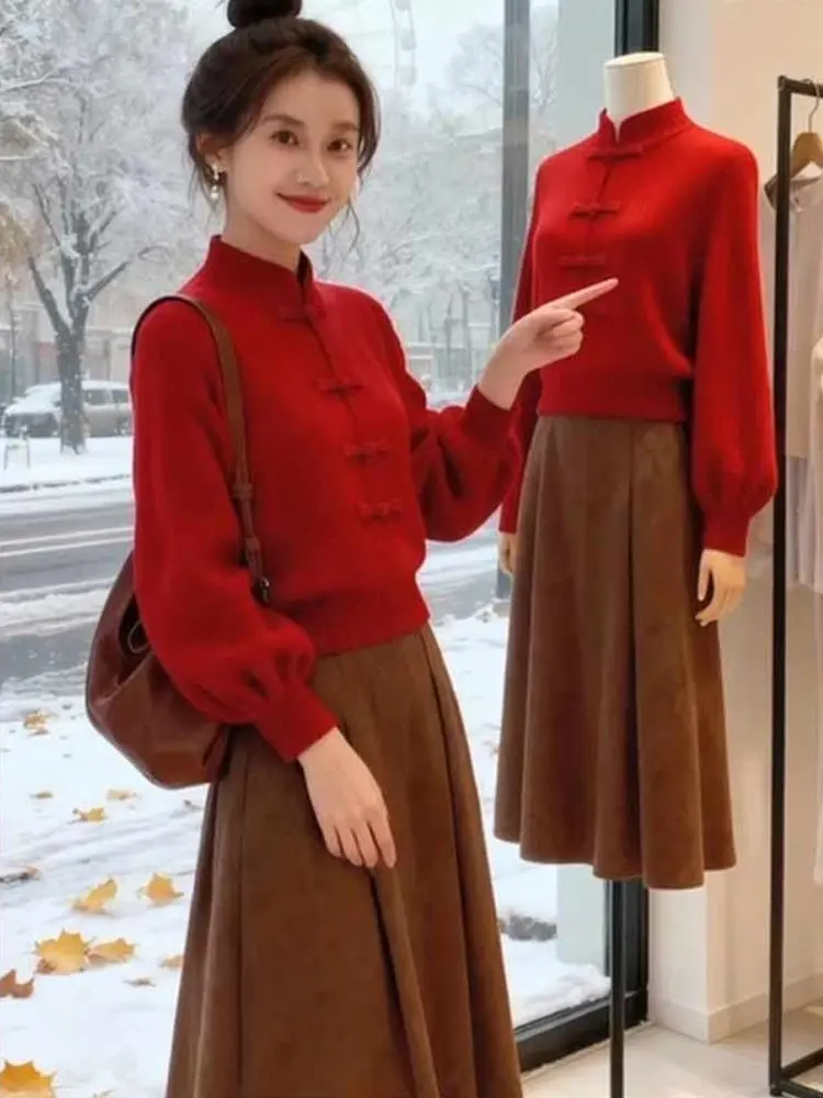 

Красный вязаный свитер с воротником-узлом, женский осенне-зимний новогодний повседневный утягивающий универсальный вязаный топ