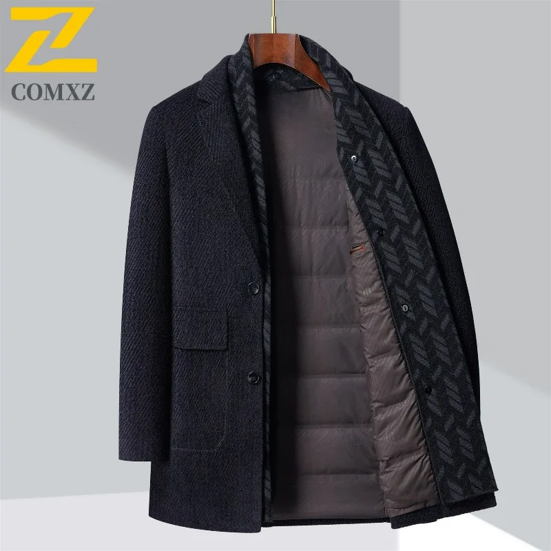 Winter Chenille Overcoat Men 2025 Light Luxury Detachable Goose Down Inner Collar TrenchCoat Business Casual Wool Blend Coat​