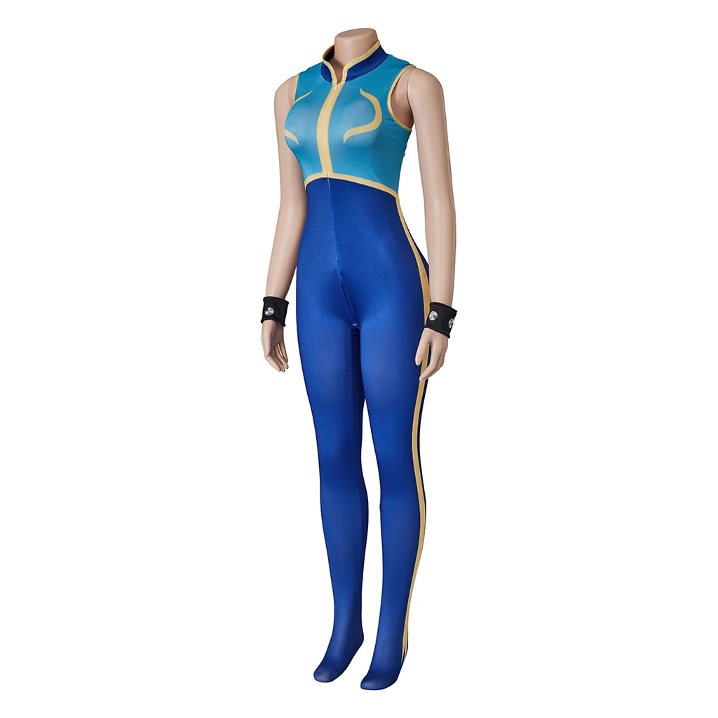 Chun Li Cosplay Jumpsuit For Women Sexy Blue Jumpsuit with Bangle Halloween Carnival Party Superhero Disguise Combat Bodysuit