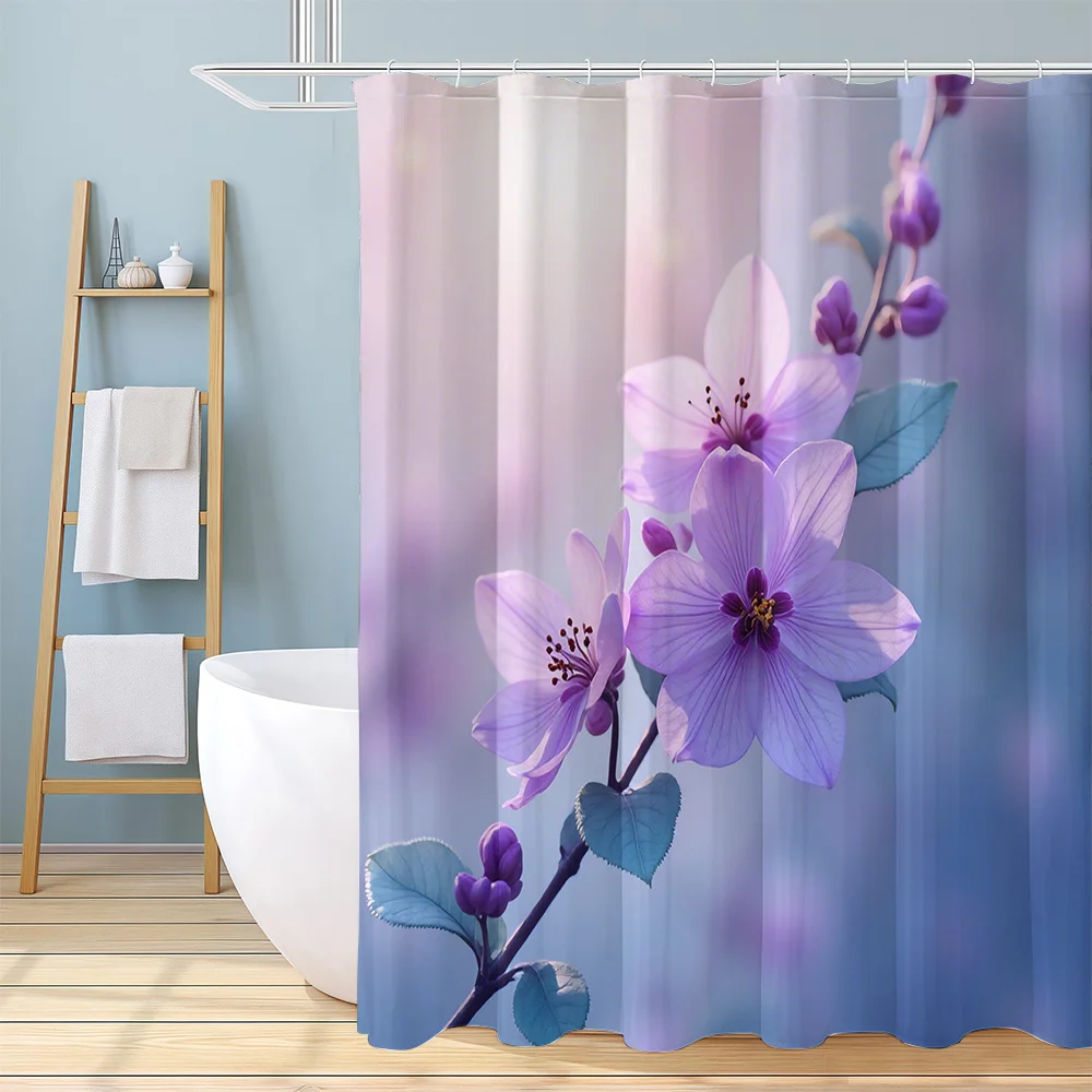 

Waterproof Floral Shower Curtain Set Lavender Purple Watercolor Bath Curtain Elegant Romantic Blossom Home Decor for Modern Bath