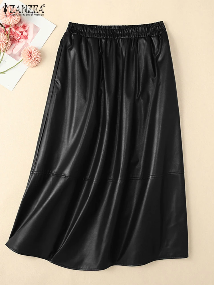 Eleganter übergroßer Urlaubs-Überrock ZANZEA Damen PU-Lederröcke Fashion Solid Long Maxi Jupe 2024, Herbst, elastische Taille, Faldas